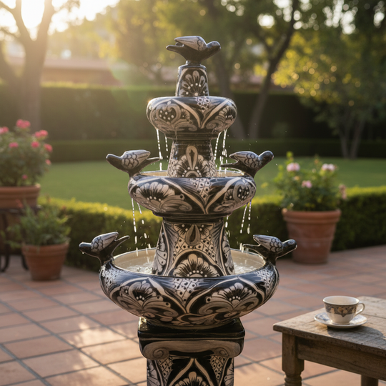 The Talavera Hub blue and white ceramic tiered fountain with birds and floral motifs, 44 inches tall.