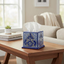 The Talavera Hub blue and white hand-painted ceramic tissue box cover with intricate Mexican floral patterns
