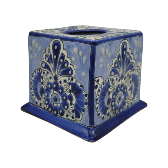 The Talavera Hub blue and white hand-painted ceramic tissue box cover with intricate traditional Mexican patterns.