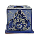 The Talavera Hub blue and white hand-painted ceramic tissue box cover with intricate traditional Mexican patterns.