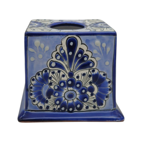 The Talavera Hub blue and white hand-painted ceramic tissue box cover with intricate traditional Mexican patterns.