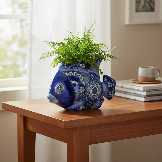 The Talavera Hub handcrafted blue and white ceramic fish planter with intricate floral patterns holding a green fern.