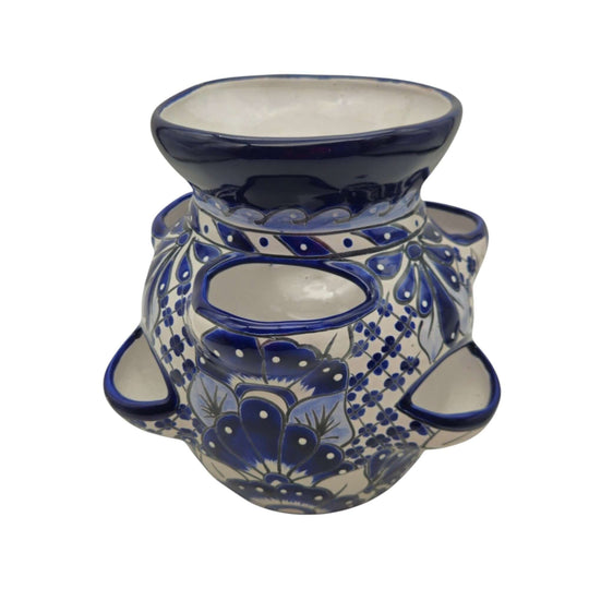 The Talavera Hub handmade Mexican ceramic strawberry planter with blue and white floral patterns and planting pockets.