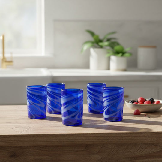 The Talavera Hub blue and white swirl hand-blown recycled glass drinking glasses, set of 6, 16 oz.