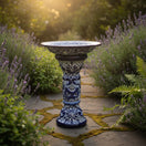 The Talavera Hub blue and white ceramic Talavera bird bath with ornate floral motif, 27" tall.
