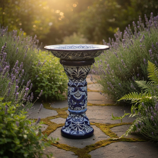 The Talavera Hub blue and white ceramic Talavera bird bath with ornate floral motif, 27" tall.