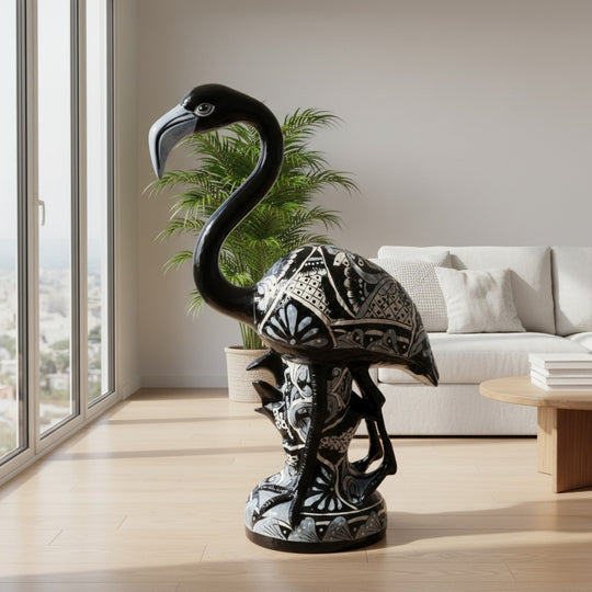 The Talavera Hub hand-painted ceramic flamingo statue in blue and white Talavera patterns. Features intricate detailing and a lead-free glaze.
