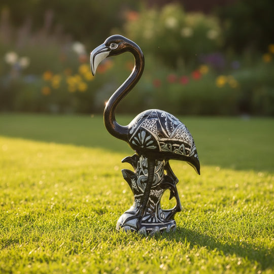 The Talavera Hub hand-painted blue and white ceramic flamingo statue with intricate patterns. Handcrafted pottery bird.
