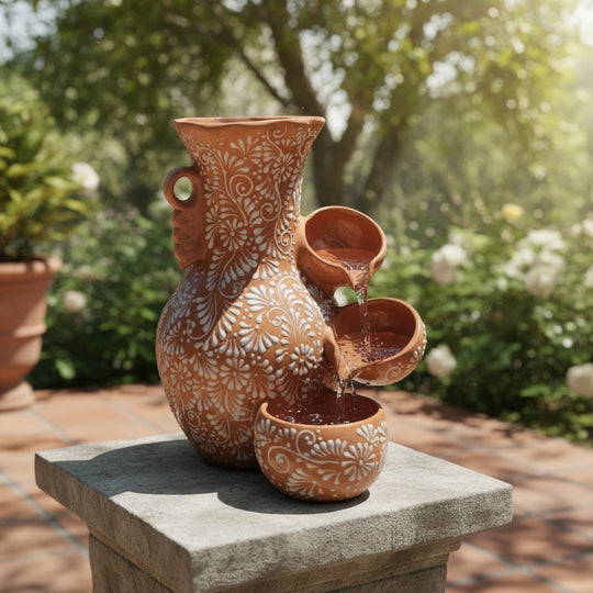 The Talavera Hub brown and white ceramic fountain with relief floral design, 20" tall, for patios and gardens.