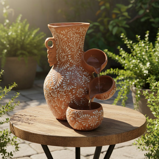 The Talavera Hub brown and white ceramic fountain with relief floral design, 20" tall, for patios or gardens.
