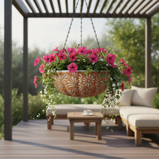 The Talavera Hub brown and white ceramic hanging planter with intricate floral motifs, filled with vibrant pink flowers.