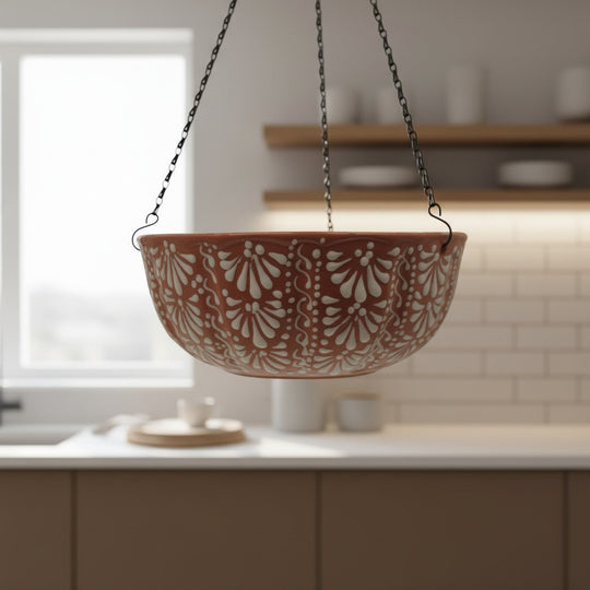 The Talavera Hub brown and white ceramic hanging planter with intricate floral motifs suspended by black metal chains.