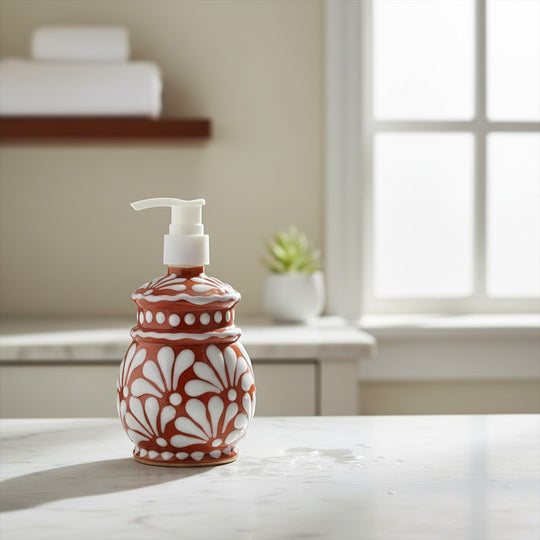 The Talavera Hub handcrafted ceramic soap dispenser featuring a brown and white floral pattern on a bathroom counter.