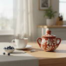 The Talavera Hub brown and white floral relief ceramic sugar jar with lid and handles, handcrafted in Mexico.