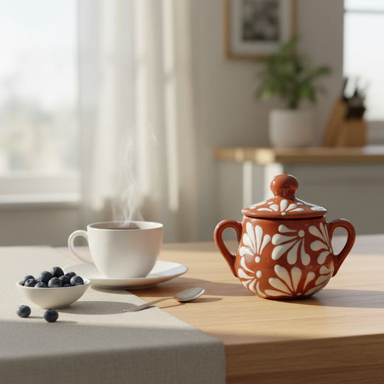 The Talavera Hub brown and white floral relief ceramic sugar jar with lid and handles, handcrafted in Mexico.