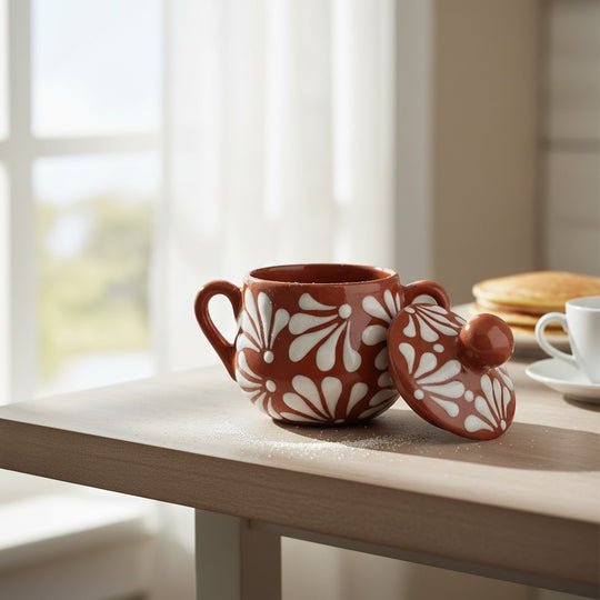The Talavera Hub brown and white floral relief ceramic sugar jar with lid, handcrafted in Mexico.