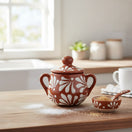 The Talavera Hub brown and white floral relief ceramic sugar jar with lid and handles, includes matching sugar bowl and spoon.