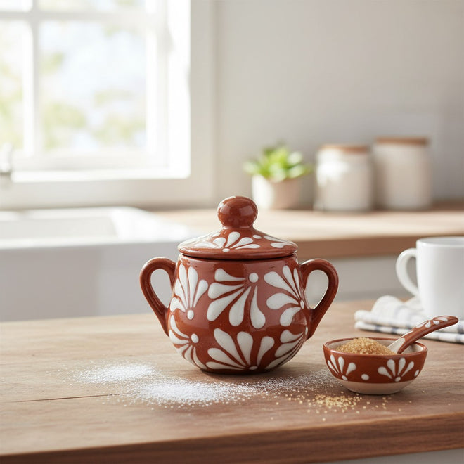 The Talavera Hub brown and white floral relief ceramic sugar jar with lid and handles, includes matching sugar bowl and spoon.