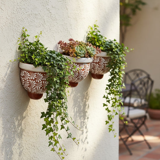 The Talavera Hub set of 3 handcrafted brown and white floral ceramic wall planters with trailing green ivy and succulents.