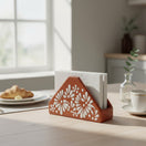 The Talavera Hub brown and white ceramic napkin holder with floral glazed design. Rustic kitchen decor.