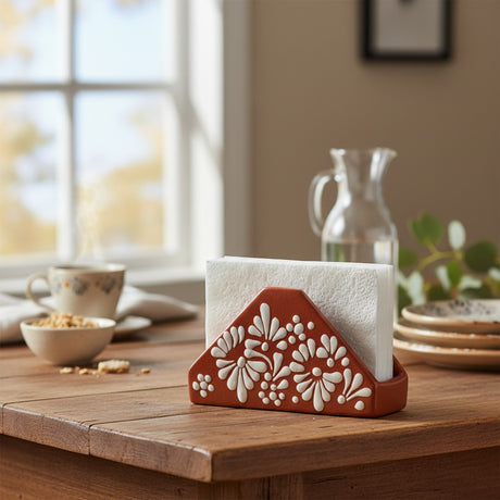 The Talavera Hub brown and white ceramic napkin holder with floral glazed design, 4" tall x 6.75" long.