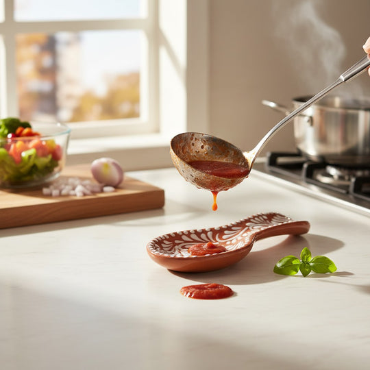 The Talavera Hub brown ceramic spoon rest with white floral pattern, holding sauce.