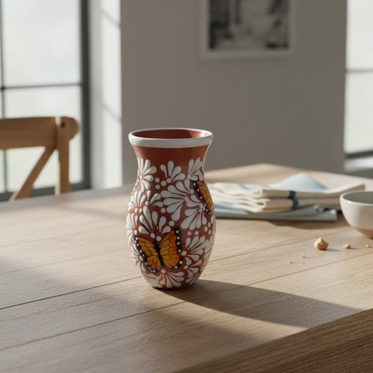 The Talavera Hub Brown & White Talavera Vase with monarch butterfly relief design, 9.5" tall ceramic pottery.