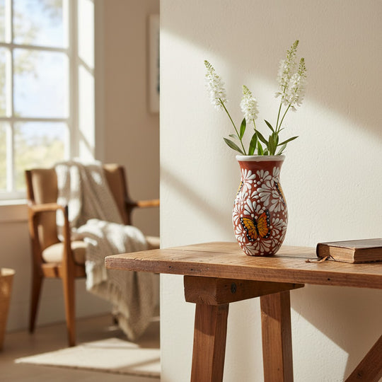 The Talavera Hub Brown & White Talavera Vase with Monarch Butterfly Relief Design, 9.5" tall ceramic vase.