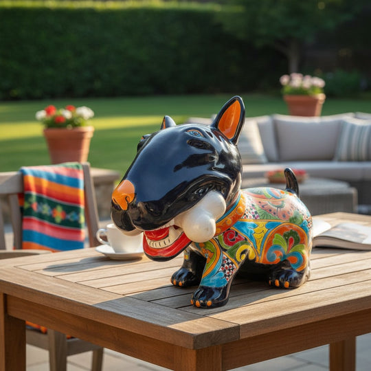 The Talavera Hub hand-painted ceramic Bull Terrier decor with bone, featuring a black body and colorful Talavera patterns.
