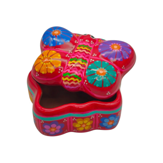 The Talavera Hub hand-painted red ceramic butterfly jewelry box with colorful floral patterns for earring storage.