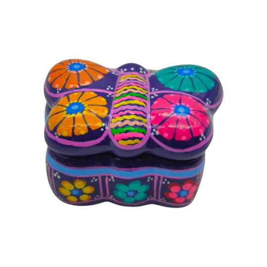 The Talavera Hub hand-painted ceramic butterfly jewelry box in purple with vibrant floral patterns from Mexico.