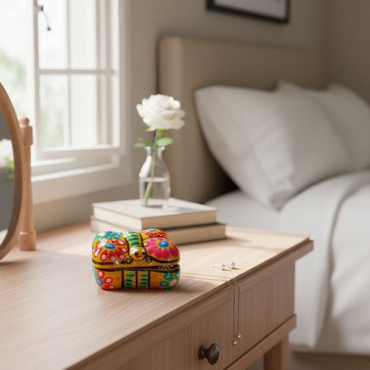 The Talavera Hub hand-painted ceramic butterfly jewelry box on a wooden vanity in a bedroom setting.