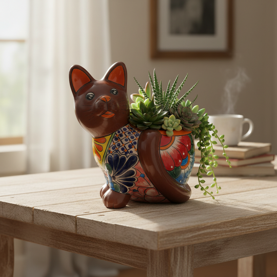 The Talavera Hub medium brown ceramic cat planter, hand-painted with vibrant floral Talavera art.
