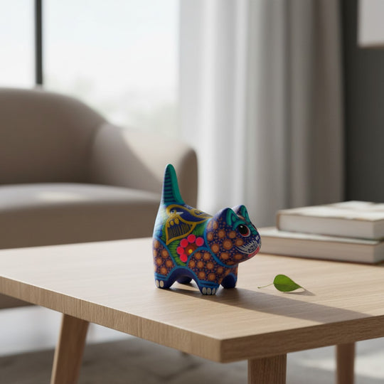 The Talavera Hub hand-painted ceramic cat figurine with vibrant Mexican folk-art patterns on a wooden table.