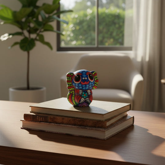 The Talavera Hub hand-painted ceramic axolotl alebrije figurine with vibrant Mexican folk art patterns on a book stack.