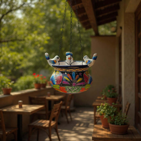 The Talavera Hub handmade ceramic hanging planter with colorful bird accents and traditional Mexican floral patterns.