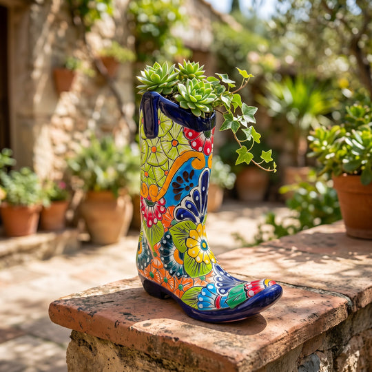 The Talavera Hub hand-painted ceramic cowboy boot planter with vibrant floral patterns and a succulent on a stone wall