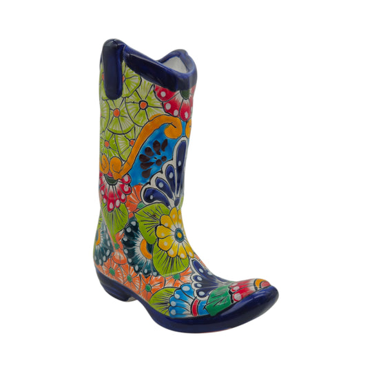 The Talavera Hub hand-painted ceramic cowboy boot planter with vibrant floral and geometric patterns in multi-color.
