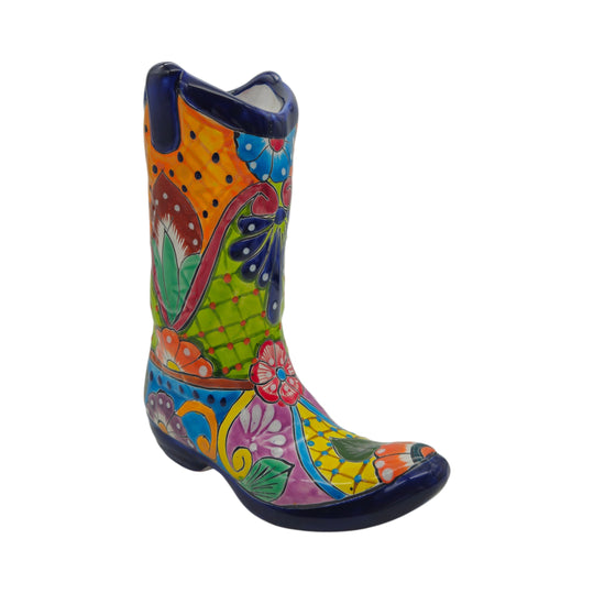 The Talavera Hub hand-painted ceramic cowboy boot planter with vibrant floral and geometric patterns in multi-color.