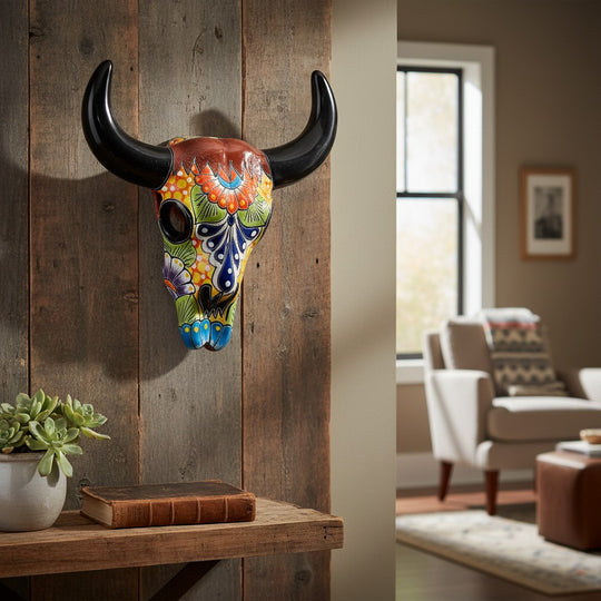 The Talavera Hub handmade ceramic bull skull wall decor with vibrant floral patterns in red, blue, yellow, and green.