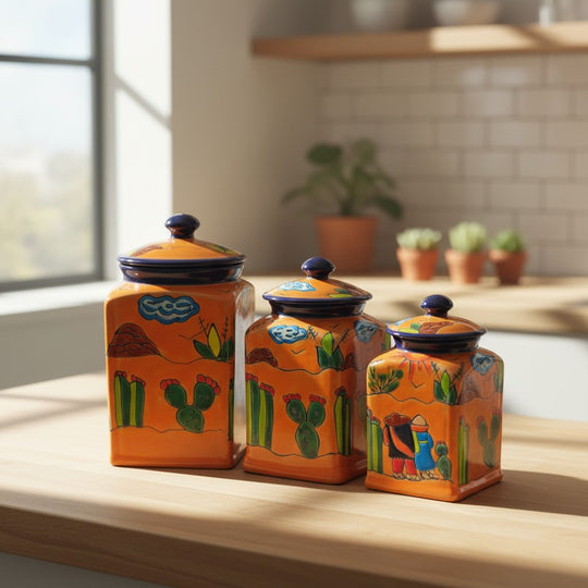 The Talavera Hub set of 3 orange ceramic canisters with blue lids, hand-painted with desert scenes of cacti and figures.