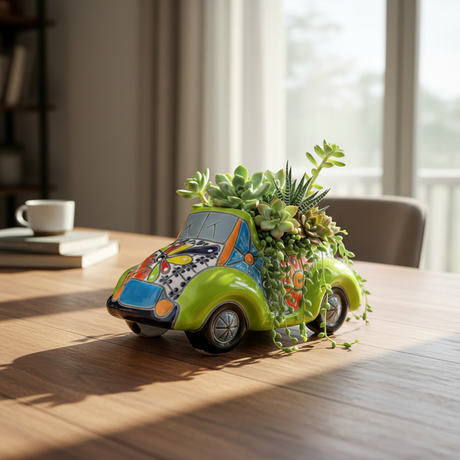 The Talavera Hub hand-painted ceramic car planter in lime green with colorful floral Talavera patterns.