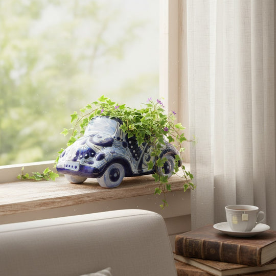 The Talavera Hub blue and white handmade ceramic car planter with trailing green ivy on a sunny windowsill.