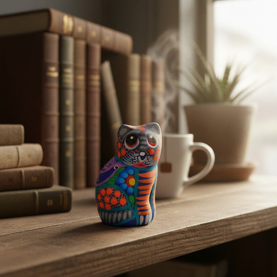 The Talavera Hub hand-painted ceramic cat figurine with vibrant Mexican folk art floral patterns on a wooden desk.