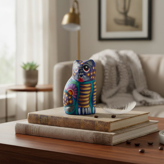 The Talavera Hub hand-painted ceramic cat figurine with vibrant Mexican folk art patterns sitting on vintage books.