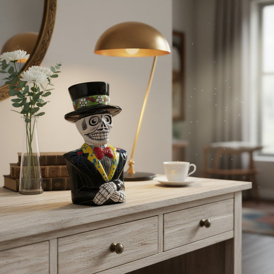 The Talavera Hub handcrafted ceramic Catrin skeleton statue with vibrant hand-painted Day of the Dead motifs.
