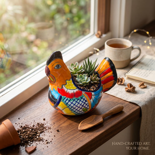 The Talavera Hub handcrafted Mexican ceramic chicken planter with vibrant floral patterns holding small succulents.