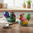 The Talavera Hub set of 2 hand-painted ceramic chicken salt and pepper shakers with vibrant floral and striped designs.