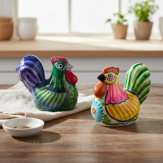 The Talavera Hub set of 2 hand-painted ceramic chicken salt and pepper shakers with vibrant floral and striped designs.