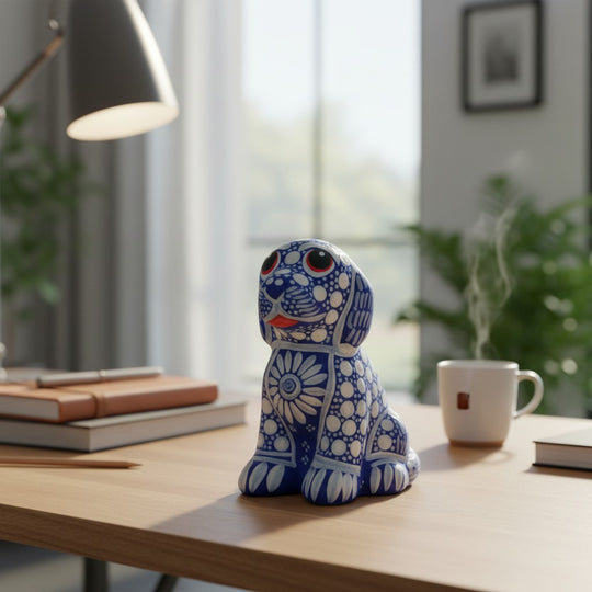 The Talavera Hub hand-painted ceramic dog figurine with blue and white Mexican folk art patterns on a wooden desk.
